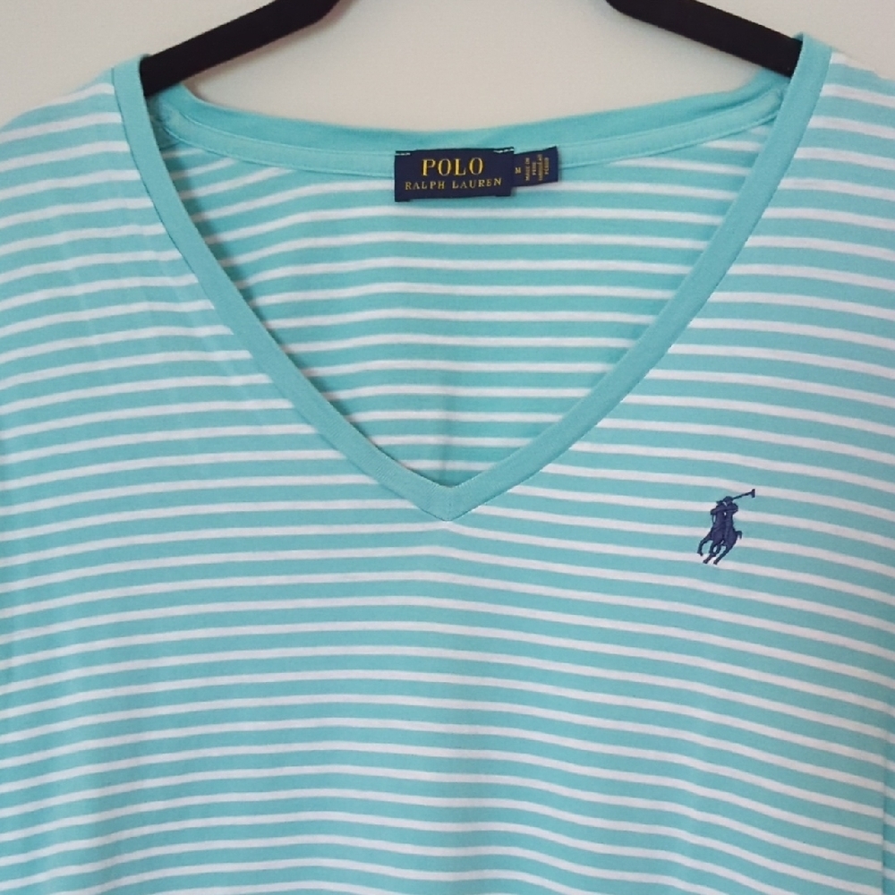 Polo by Ralph Lauren Women's Aqua Striped V-Neck Tee - Picture 3 of 4